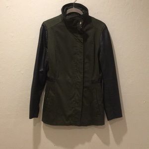 Utility olive green jacket with leather sleeves